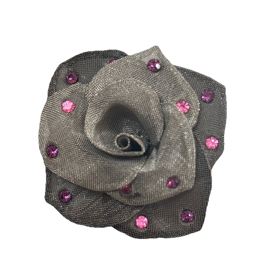 Unique Vintage Grey Metal Mesh Sculpted Rose Brooch Pink Rhinestone Flower Pin